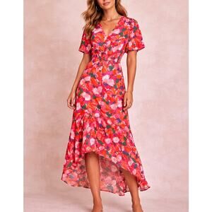 Abel The Label Anthropologie Floral HighLow Midi Dress Flowy Smocked Waist Sz M